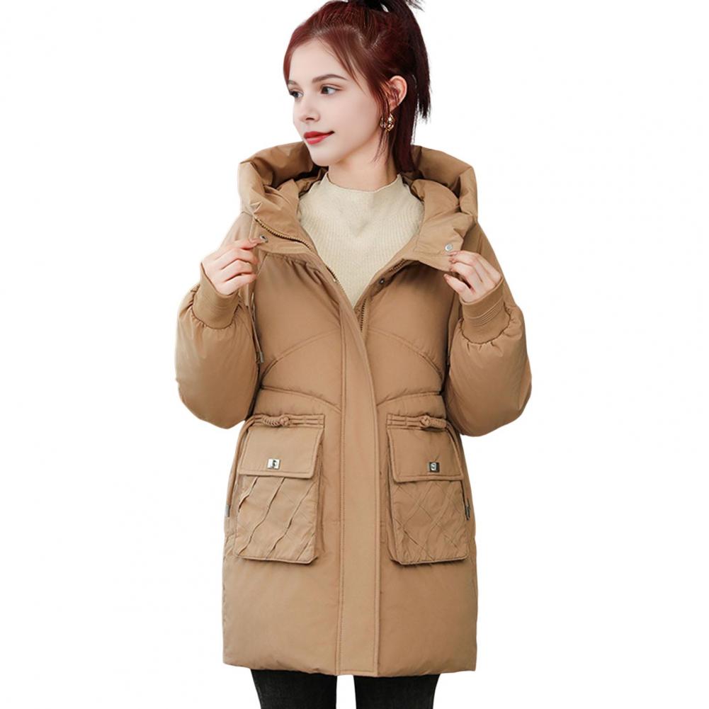 Winter Down Coat Thickened Padded Hooded Pockets Zipper Closure Drawstring Mid Length Windproof Heat Retention Daily Cold Weathe