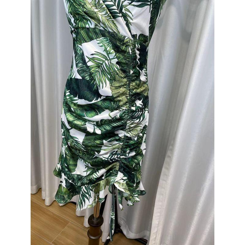 Original Fashionnova Vacation Style Chic and Beautiful Green Leaves Ruched Waist Trimming Spaghetti Straps Dress Women