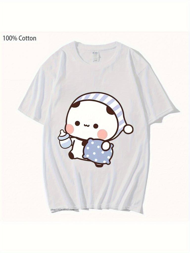 Men'S & Women'S Couple Matching T-Shirts - Cute BuBu Panda & DuDu Bear Sleeping Graphic Tee - Soft Breathable Cotton Long Sleeve Shirt - White with Bl