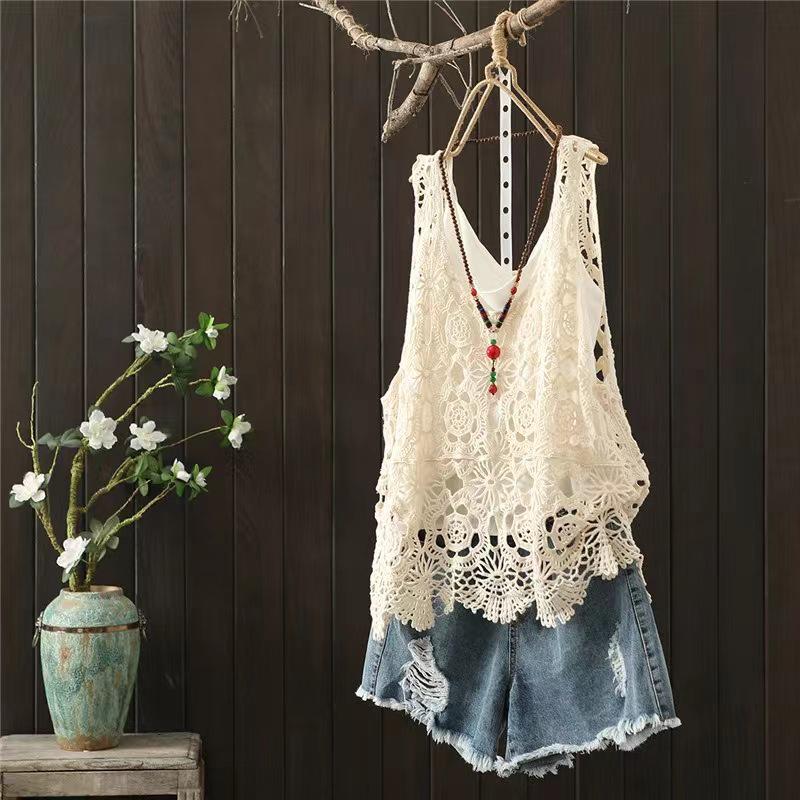 

Mori Style Summer Crochet Lace Camisole - Vintage Literary Loose-Fit Vest Cardigan for Women One Size бежевий
