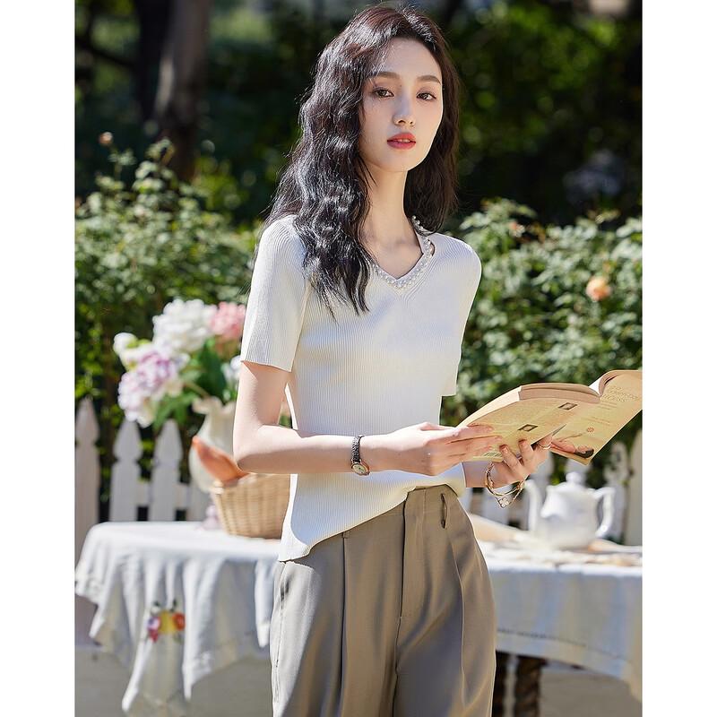 Women's French V-Neck Beaded Hollow-Out Knit Top