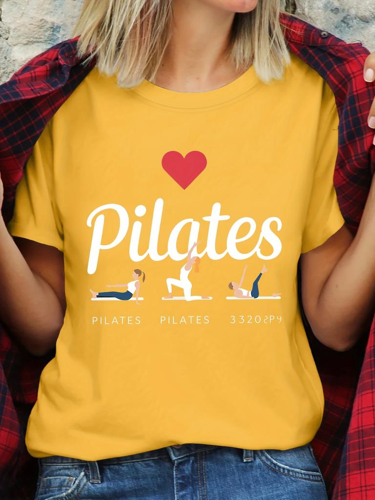 Womens Tshirt Pilates Letter Classic Silhouette Print Round Neck Womens Clothing Daily Fashion Casual Breathable Womens Top