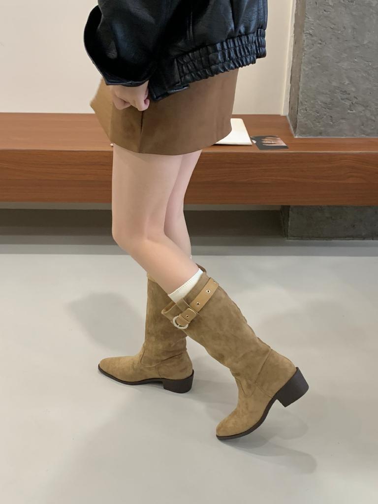 Vintage 2025 autumn and winter new thick heel buckle with western cowboy British style knight boots casual mid boots