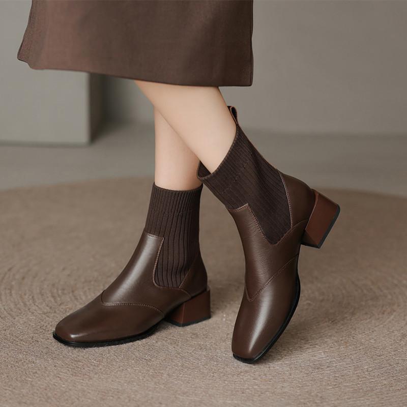 Popular Knitted Thin Socks Boots Retro Square Head Thick Heel Medium Heel Short Boots Spring and Autumn Martin Boots Bare Boots Women