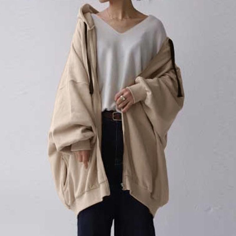 2023 Autumn/Winter European & American Women's Sexy Solid Color Loose Hooded Zipper Top