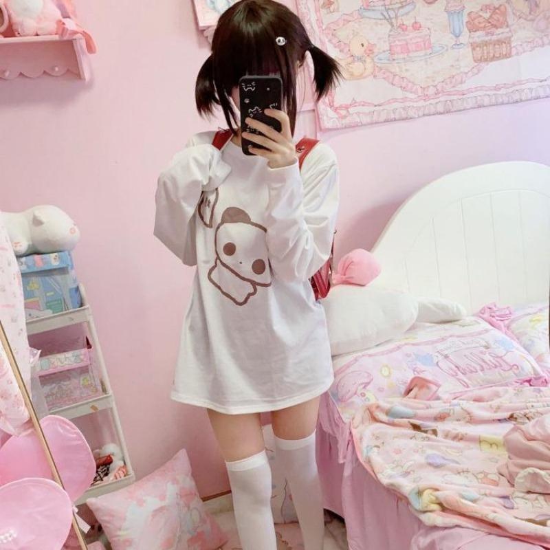 2KWEIRD Shirts for Women Japanese Tshirts Preppy Style Fashion White Tees O-neck Long Sleeve Cartoon T Shirt Casual Korean Y2k Tops