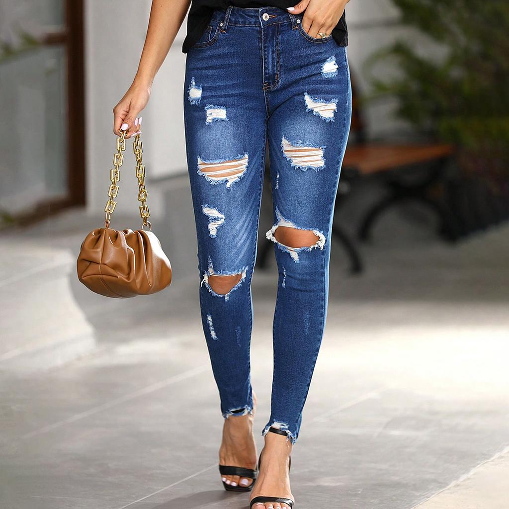Ladies' Color Loose Casual Ripped Casual Jeans