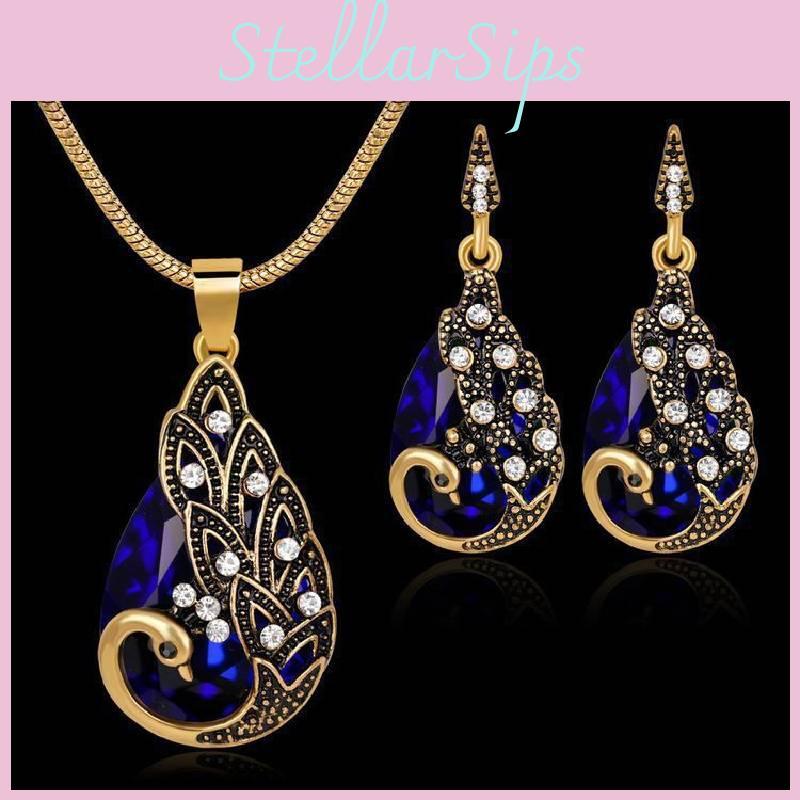 Stylish European Vintage Peacock Jewelry Set Gorgeous Gemstone Necklace And Earring Pair