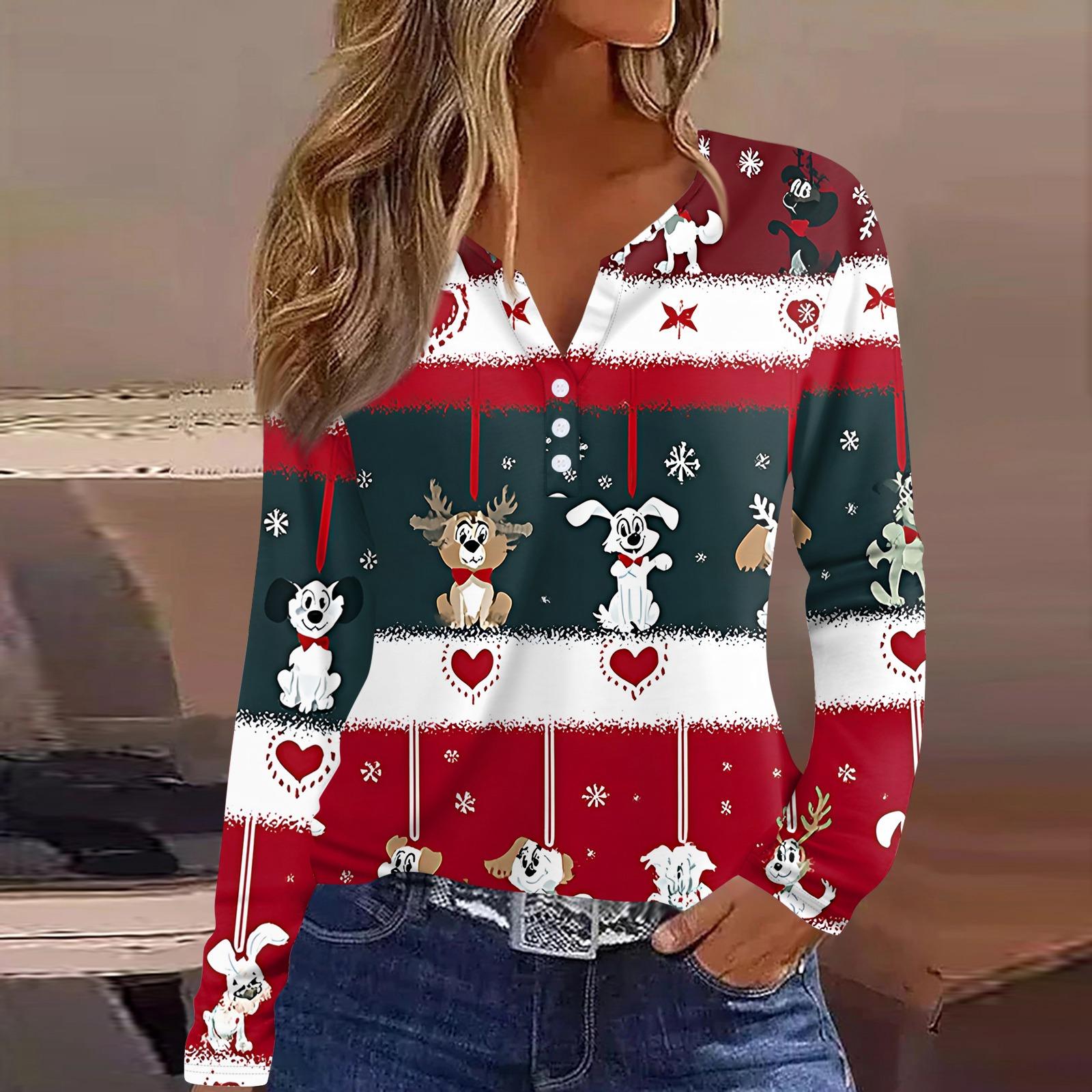 

Женская футболка Футболка Рождественский принт Пуговица Длинный рукав Туника Повседневная Мода для выходных Базовая С V-образным вырезом Обычный топ M