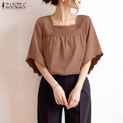 Dámska letná blúzka s krátkym rukávom, štvorcovým výstrihom a čipkovaným patchworkom