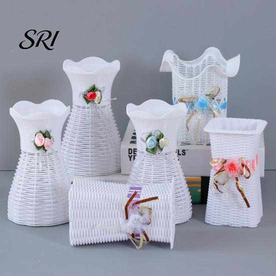 Modern Flower Vase Woven Faux Rattan for Flowers Plastic Weaving Texture Indoor Small Decorative Living Room Farmhouse Entryway Home Decor Dried