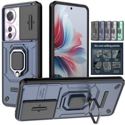 Étui Armure avec Cache Objectif Coulissant pour OPPO Reno 12 Pro 11F 5G A60 4G Housse de Protection Anneau Support Magnétique Coque Fundas Capa