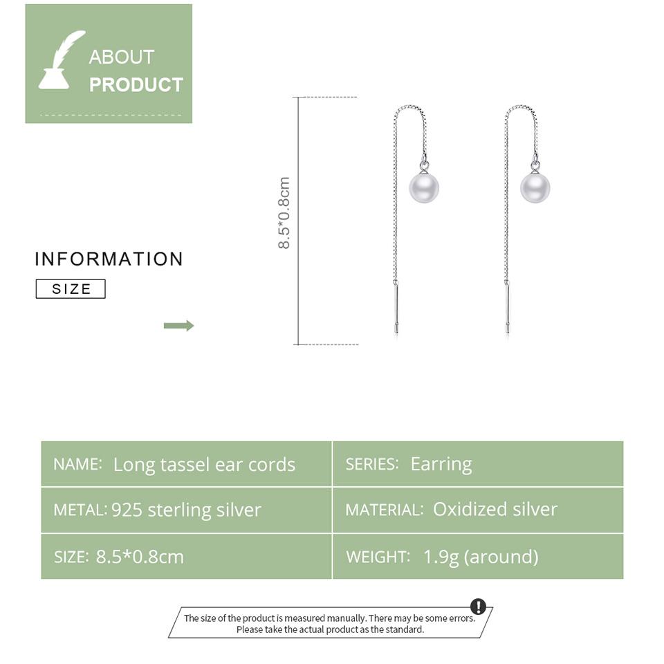 WOSTU 925 Sterling Silver Long Tassel Ear Cords Simple Shell Pearl Line Drop Earrings For Women Fashion Silver Jewelry CQE878-B
