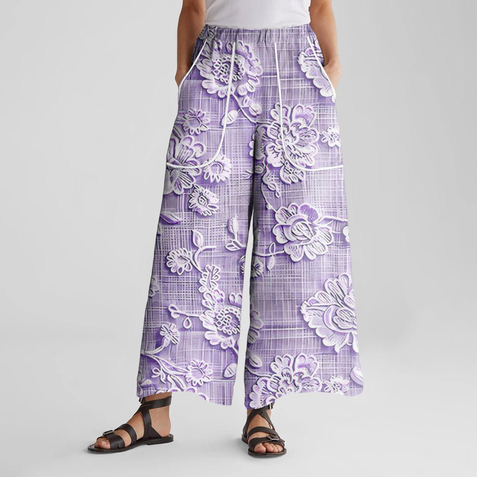 

Женские брюки широкие от бедра с эластичным поясом, с принтом, с большими карманами, с отделкой пэчворк по краю, свободные XXL фиолетовый