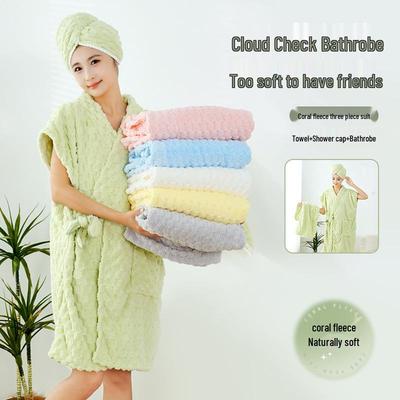 Extra Large Coral Fleece Bath Towel & Dry Hair Cap Set - Thick, Soft, Water-Absorbent In Gift Box for Adults