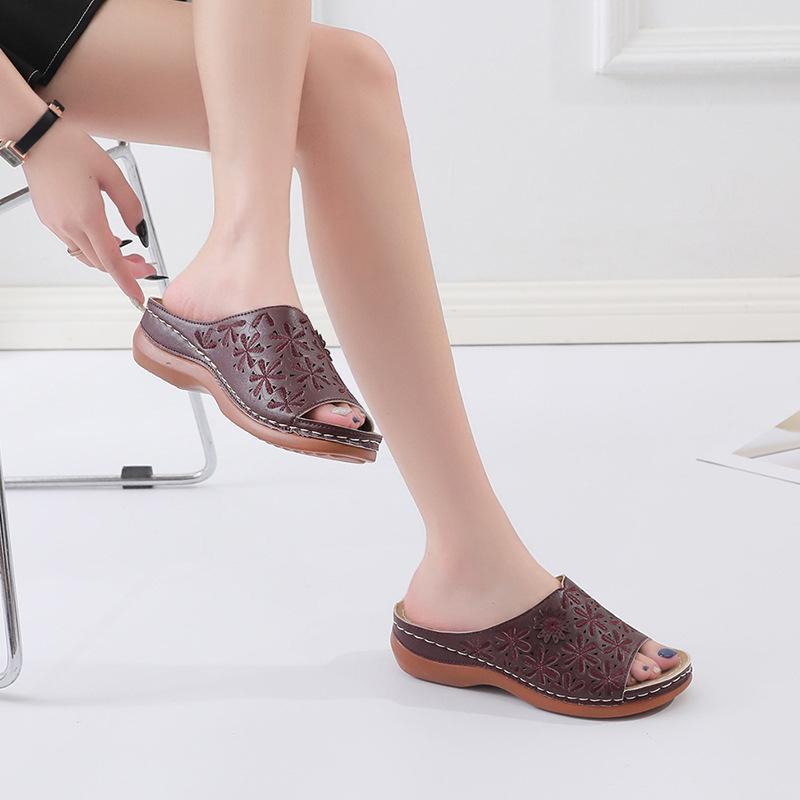 Summer new large size fashion slope heel cool slippers women's hollow flower word cool slippers
