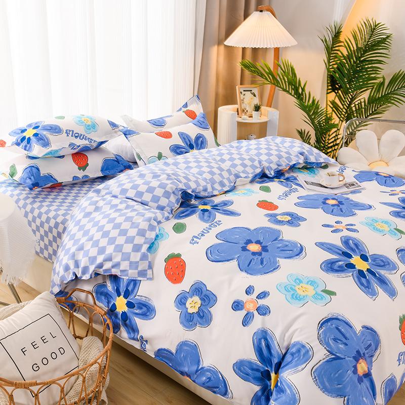 Modrý slunečnicový set přikrývky velikosti Queen Botanický květinový přehoz Plný Měkký ložní prádlo 4ks Černé sady přikrývek na postel Plný