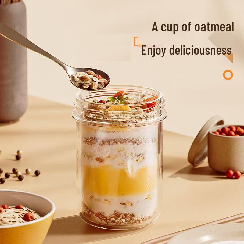 Leak-Proof Glass Overnight Oats Cup: Portable, Spoon-Included for Office Workers and Yogurt Lovers