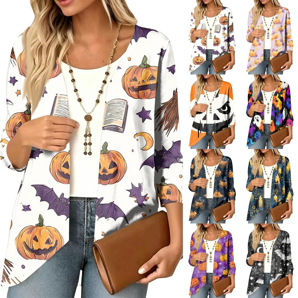 Women's Halloween Print 3/4 Sleeve Lightweight Loose Fit Cardigan for Casual Wear