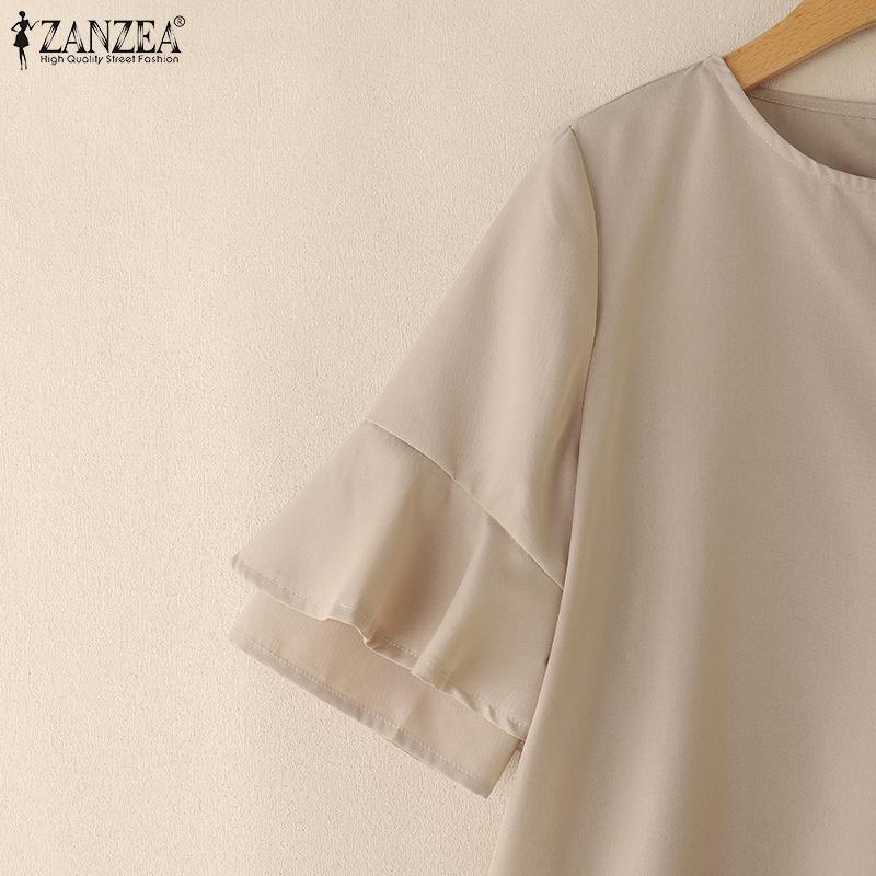 ZANZEA Damen Lässig Rundhals Rüschenärmel Locker Sommerbluse