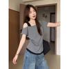 Korean Color Block Off-Shoulder Slimming Patchwork T-Shirt for Women