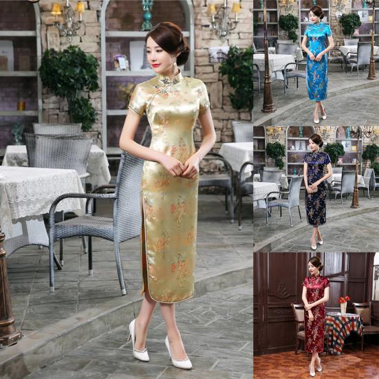Ethnic Vintage Women Chinese Dragon Phoenix Embroidery Long Slim Cheongsam Dress