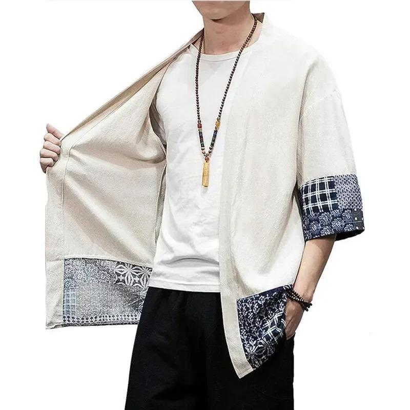 Men's Japanese Cardigan Loose Linen Sleeve Cardigan Casual Summer Shirt Jacket