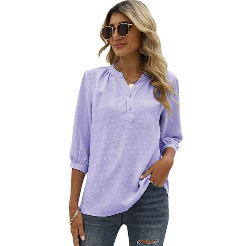 

Весенне-летняя женская футболка с воротником-стойкой, рубашка со средними рукавами, жаккардовая повседневная блузка с комочком волос, свободный топ, рубашка XXL светло-фиолетовый