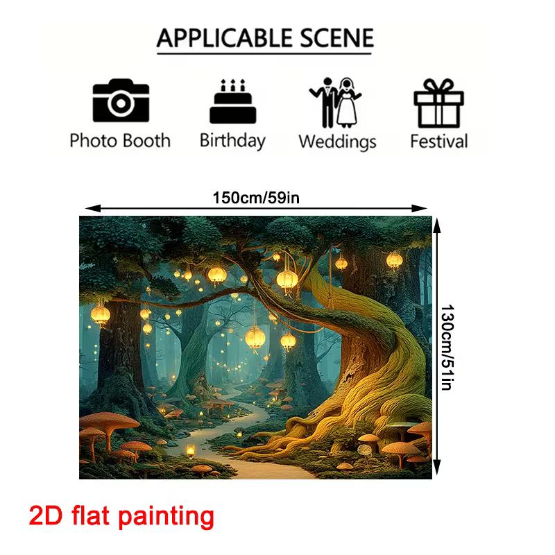 2D Fairy Tale Forest Wall Decor, Glowing Lanterns on Ancient Tree Tapestry