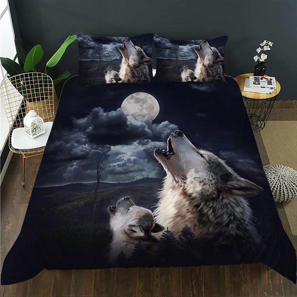 Wolf Printed Bedding Set Twin Size For Kids Boys BedroomMisty Bed Duvet Cover Set Comforter Cover Wild Animals Decor 3 Pieces