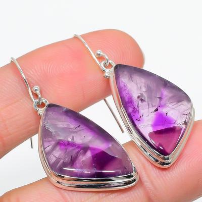 Natural Brazilian Amethyst Gemstone 925 Solid Sterling Silver Earring 1.75" Z3j70