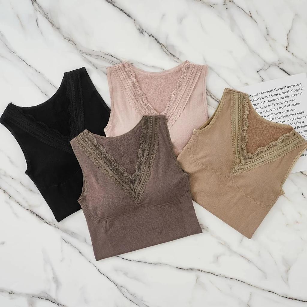 Thermal Underwear Warm Body Tops Vest Sexy Winter Clothing Women Sleeveless Slim Seamless V Neck Lace Side Solid Inner Wear