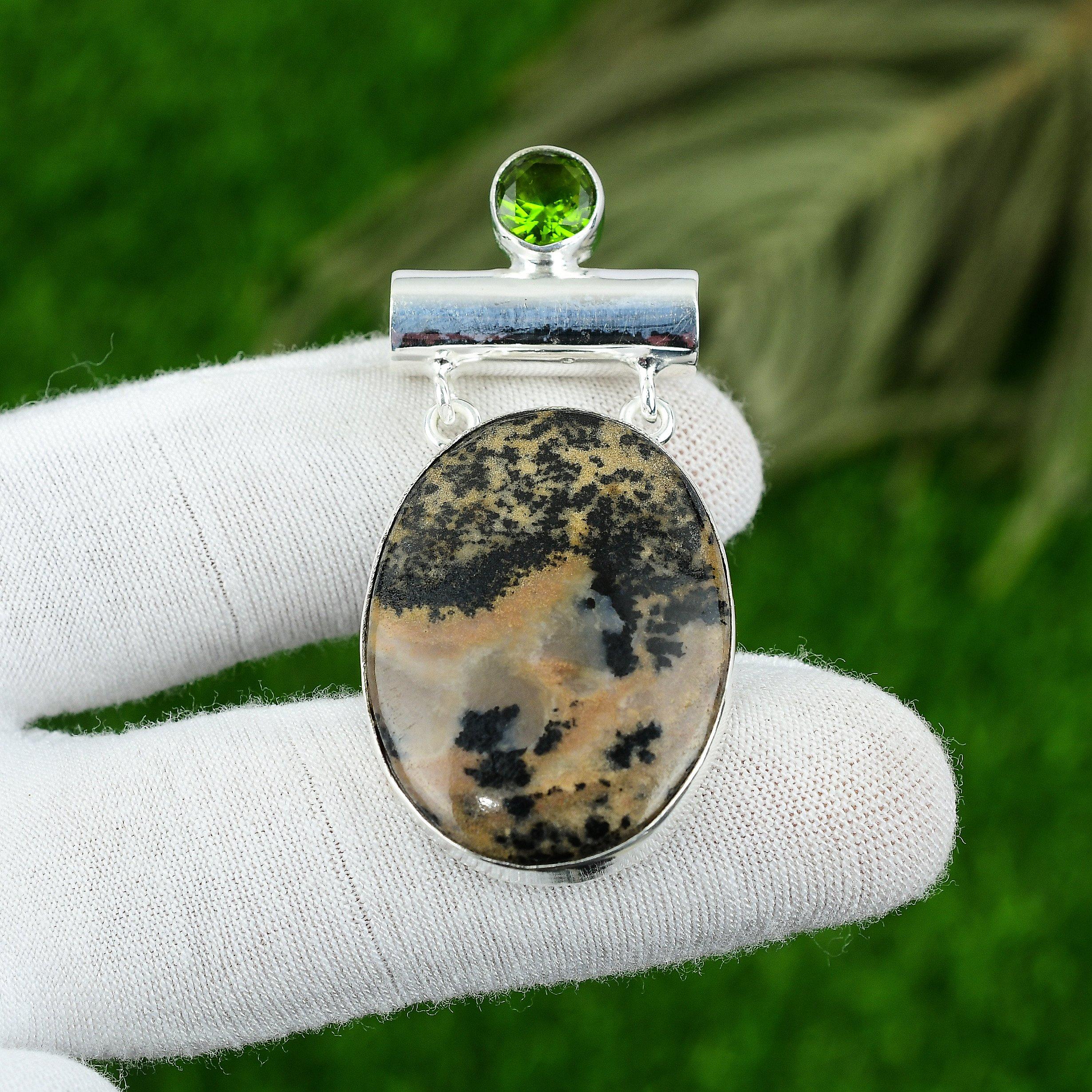 Gift For Her 925 Sterling Silver Natural Honey Dendrite Opal Gemstone Pendant