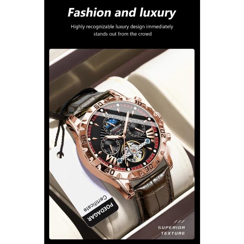 POEDAGAR Tourbillon Automatic Mechanical Wristwatch Waterproof Luminous Date Week Leather Men Watch Luxury Fashion Watches