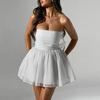 Minikleid für Damen, Ballkleid, A-Linie, großes Swing-Abendkleid mit Schleife auf der Rückseite, schulterfrei, ärmellos, Netzstoff, plissiertes kurzes Kleid für Partys und Hochzeiten