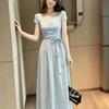 French Blue Square Neck Short-sleeved Dress, Women's Summer New Models, Popular This Year, Waist Pinch Dress