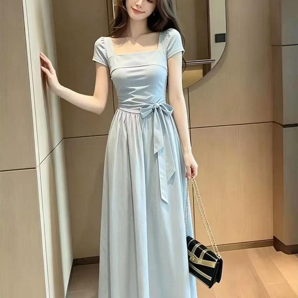 French Blue Square Neck Short-sleeved Dress, Women's Summer New Models, Popular This Year, Waist Pinch Dress