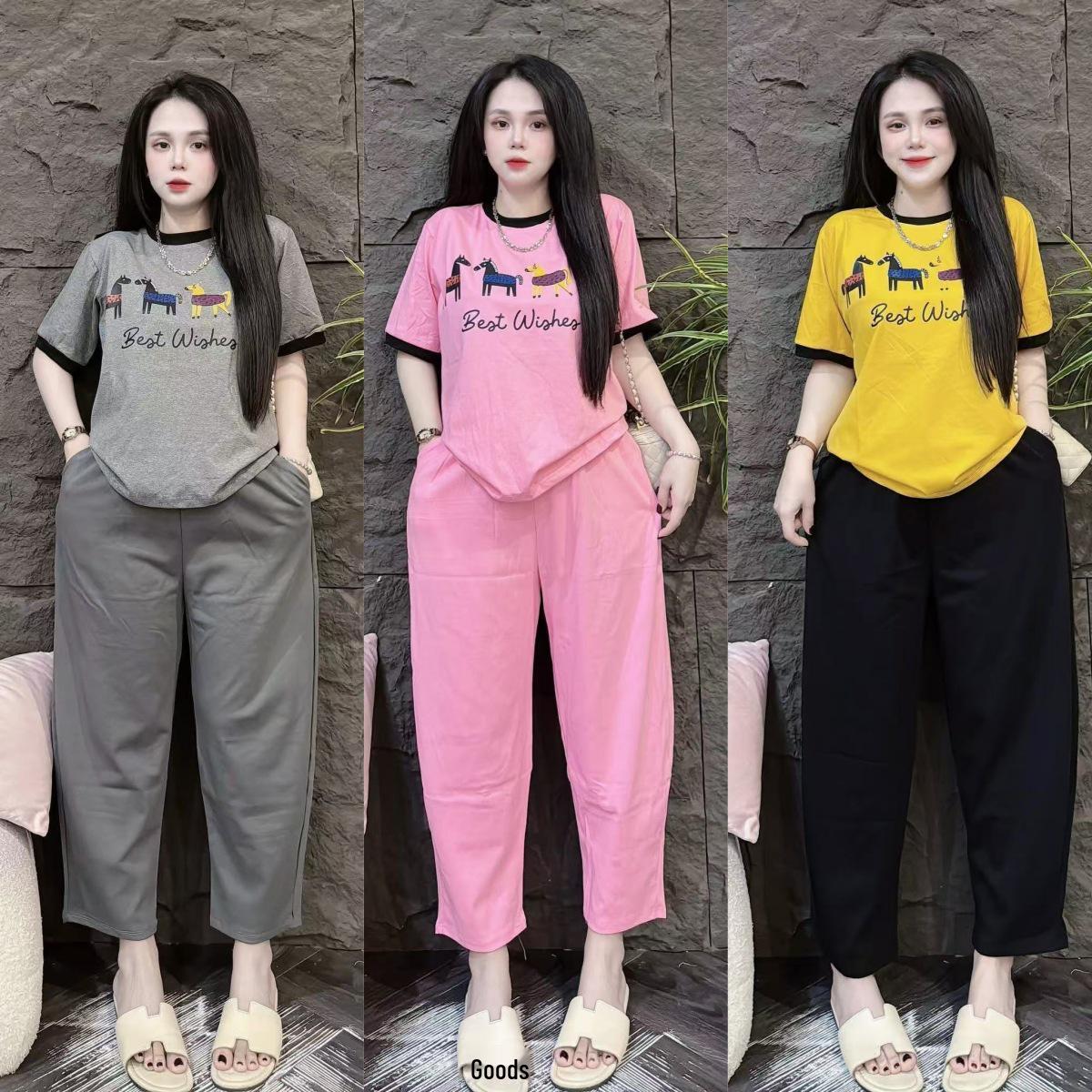 

Women s Summer Printed Horse Two-Piece Set - Casual Short Sleeve Top & Loose Wide-Leg Pants One Size without Pockets серый