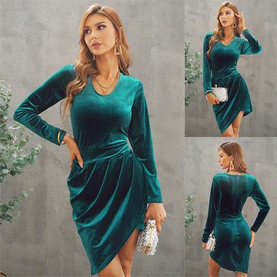 New Autumn Winter Velvet Bodycon Dress, Women's Long Sleeve Round Neck Waist Cinching Mini Dress, Fashion Casual & Party Velvet Short Dress