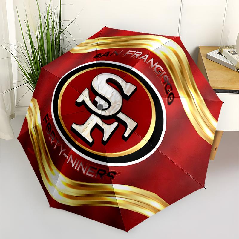 San Francisco 49ers LOGO Print Automatic Umbrella, 8 Rib Iron Frame, Plastic Handle, Suitable for Outdoor Travel &Daily , Ideal Gift