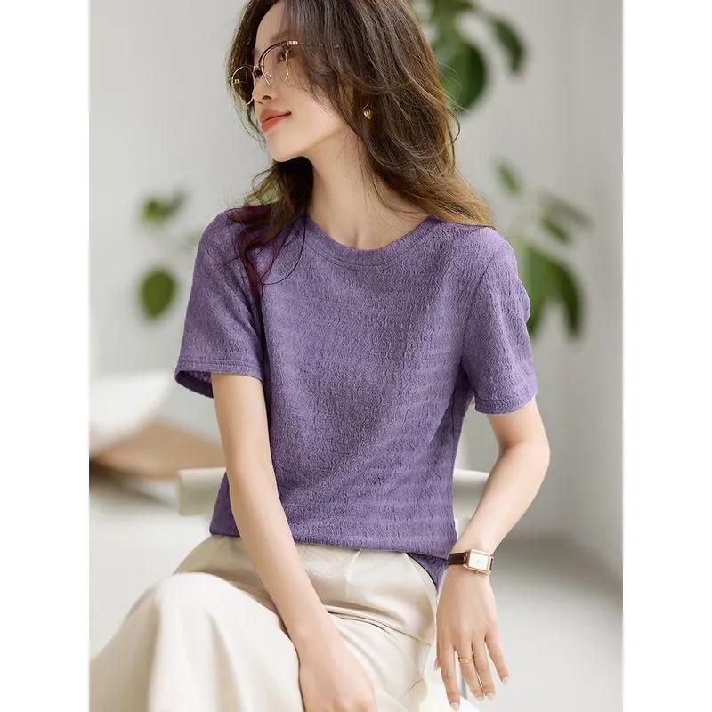 Women Summer Casual Wavy Texture T Shirt Round Neck Short Sleeve Basic Top