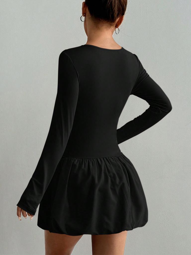 Neues Bordürenkleid Damen Langarm Slim Fit Elastisch Ballonrock