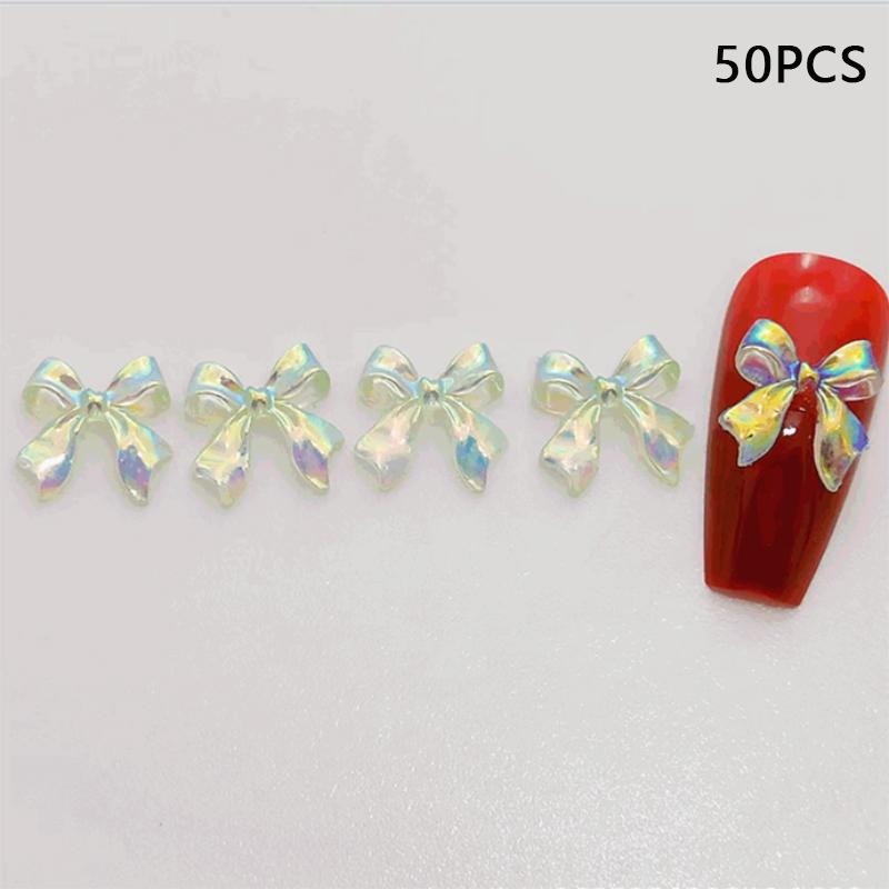 50Pcs/Bag 3D Bowknot Nail Art Decoration Colorful Aurora Super Fairy Bow Nail Art Charms Girl Diy  Manicure Accessories