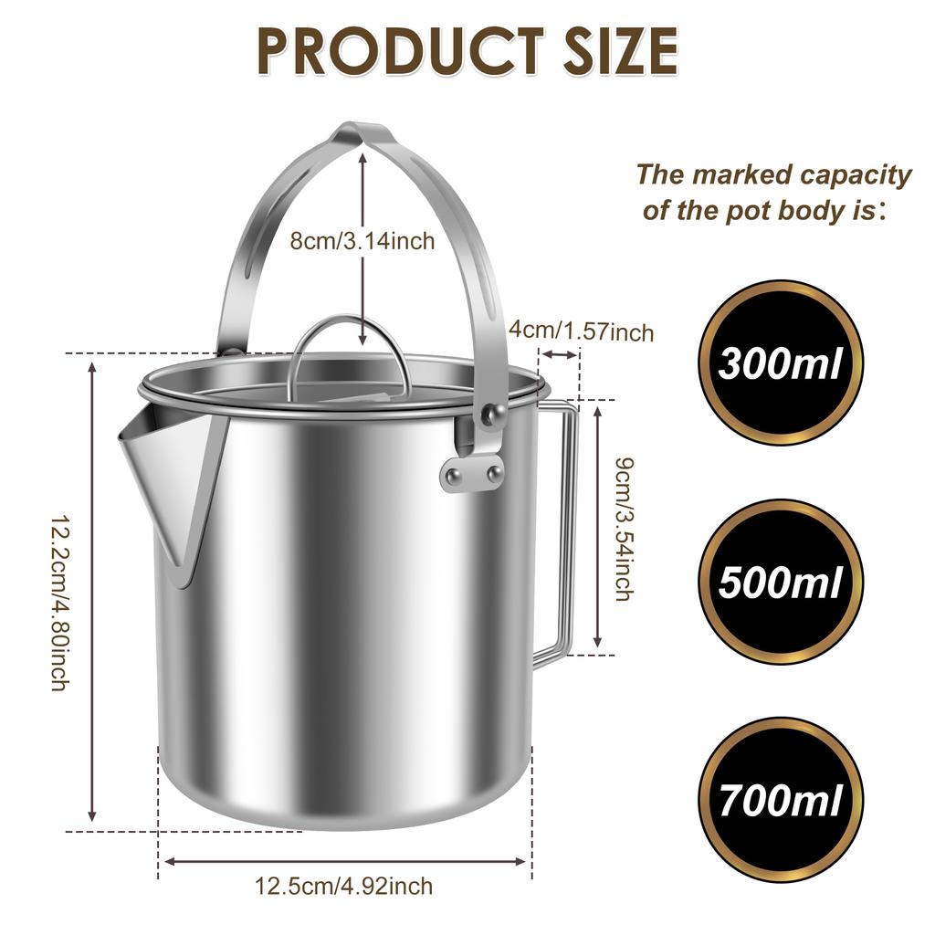 Camping Kessel Edelstahl Kaffeekanne mit Deckel Große Kapazität Tragbarer Herd Teekessel für Camping Picknick Rucksackreisen