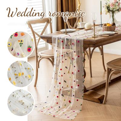 Floral Embroidery Table Runner Embroidered Flower Tulle Table Runner Spring Summer Table Runner for Home Dinner Party Holiday Decoration