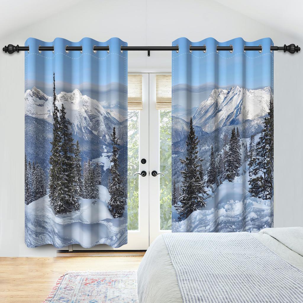 Winter Snow Scenery Blackout Curtains Snowman Pine Forest Pattern Bedroom Living Room Darkening Noise-reducing Window Curtain