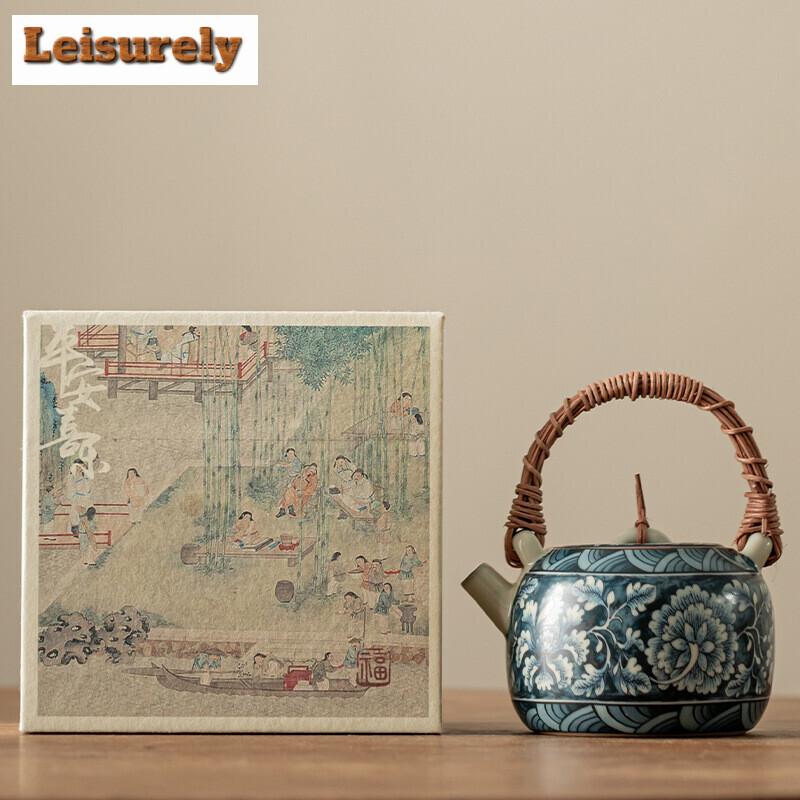 210ML Chinese Ru Kiln Vine Woven Beam Teapot Retro Blooming Flower Pot Handmade Tea Soaking Kettle Teaware Accessories Gift