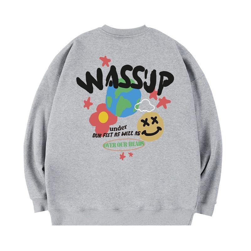 Wassup Heods American Trendy Brand Crew Neck Sweatshirt for Men and Women, Autumn and Winter Loose Casual Heavyweight Fleece Couple Tops