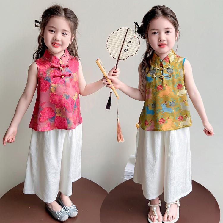 Toddler Girls' Chinese-Style Hanfu Set: Embroidered Sleeveless Top & Wide-Leg Pants (Summer 2026)