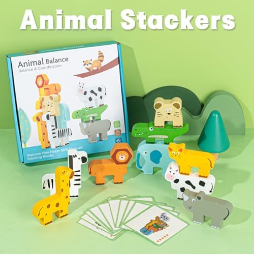 NTEVXZ 20 Pcs Wooden Animal Stacking Toys, Colorful Stacking Blocks, Educational Learning Toys with Storage Bag for Toddlers Kids